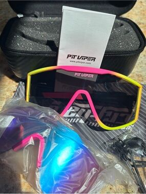 Pit Viper Pink and Yellow Shield Sunglasses with Dark Lens